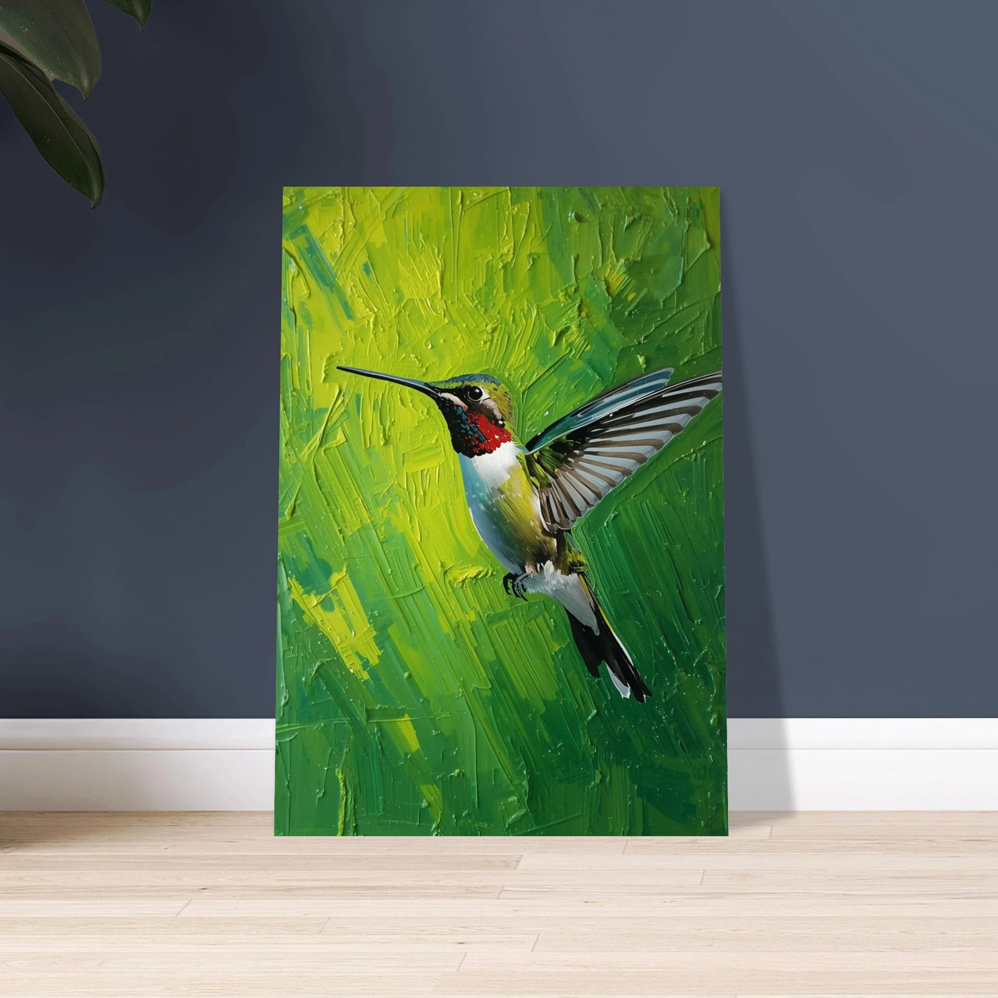 Kolibri i flykt, målad med palettknivsteknik på grön bakgrund