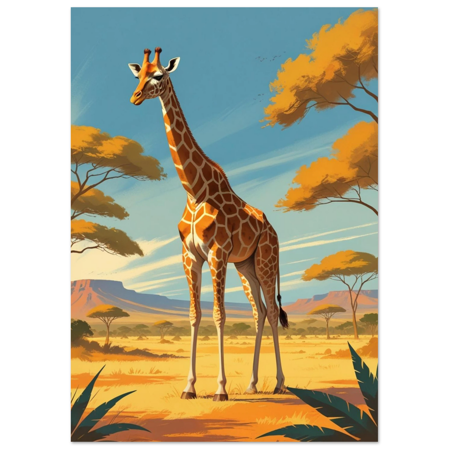 Nostalgisk reseaffisch med giraffmotiv och klarblå himmel – grafiskt konsttryck