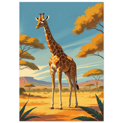 Nostalgisk reseaffisch med giraffmotiv och klarblå himmel – grafiskt konsttryck