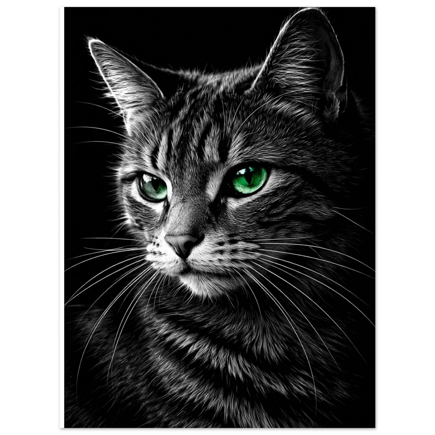 Närbild av en katt med randig grå päls, vita morrhår och intensiva gröna ögon mot svart bakgrund – fotorealistisk poster