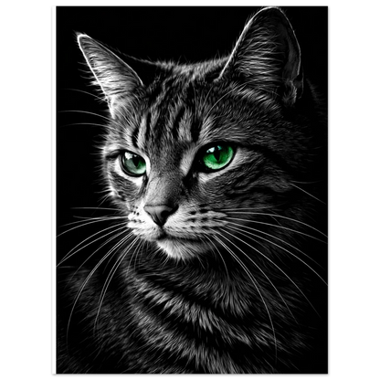 Närbild av en katt med randig grå päls, vita morrhår och intensiva gröna ögon mot svart bakgrund – fotorealistisk poster