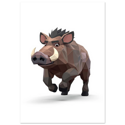 Vildsvin i brun low poly-stil som rusar framåt – grafisk djurposter