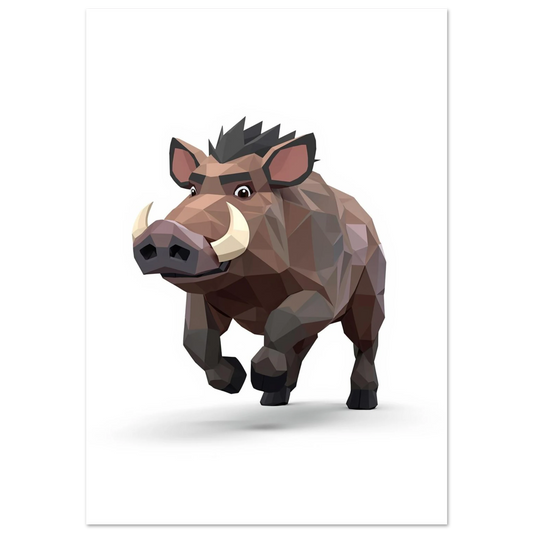 Vildsvin i brun low poly-stil som rusar framåt – grafisk djurposter