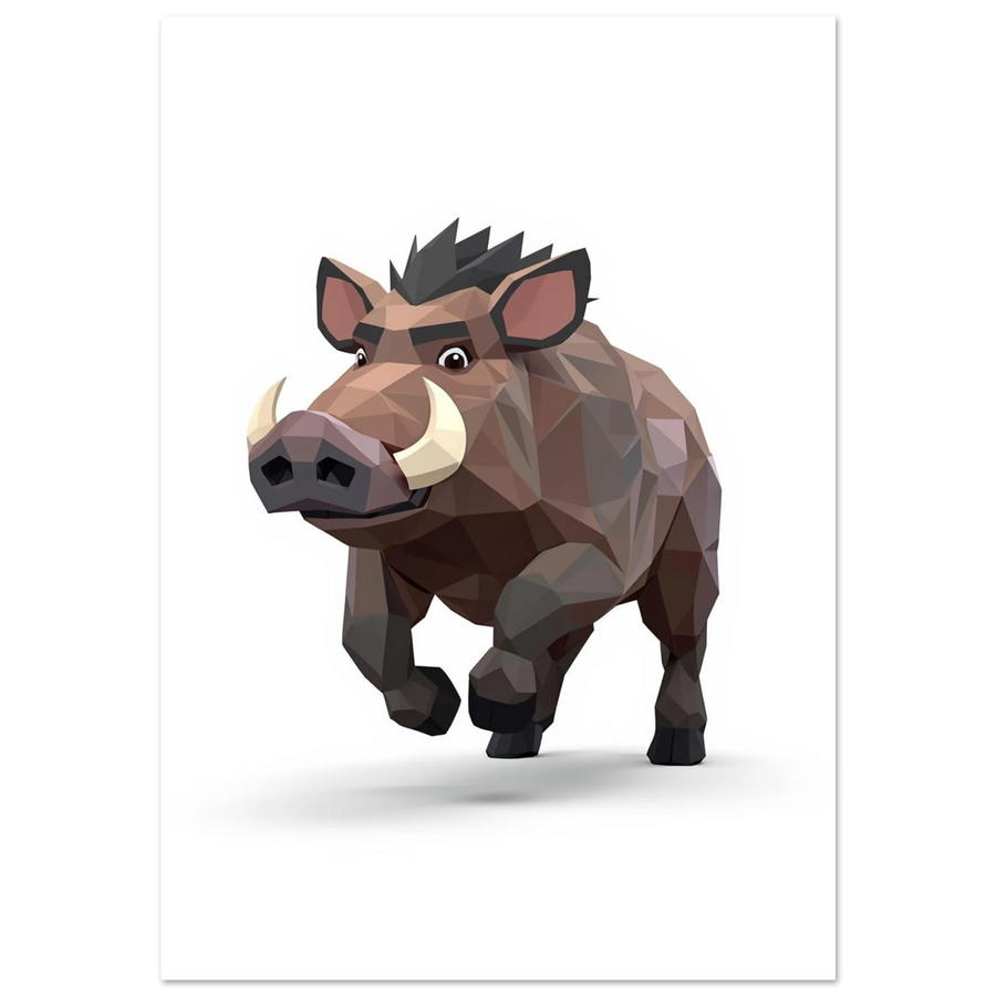 Vildsvin i brun low poly-stil som rusar framåt – grafisk djurposter