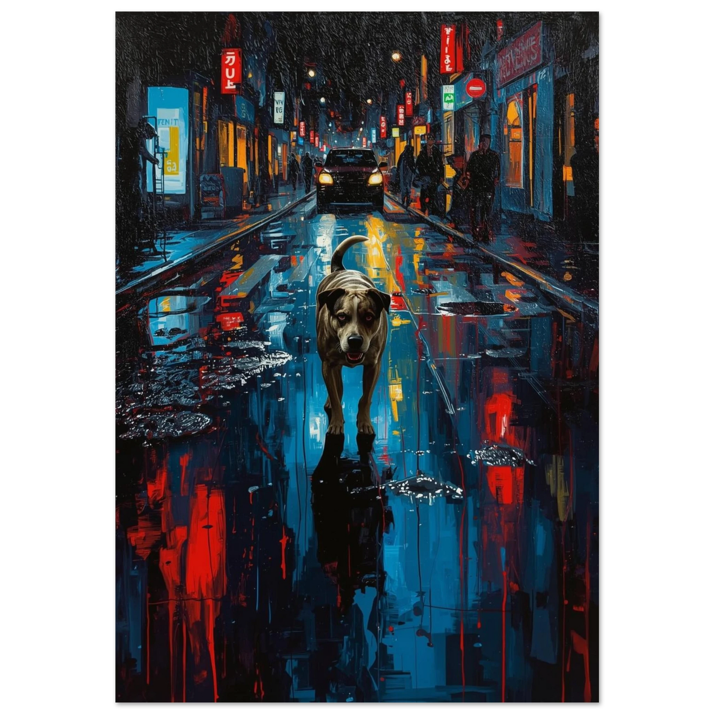 Hund på regnig stadsgata med neonreflektioner – expressionistisk djurposter i mörka toner