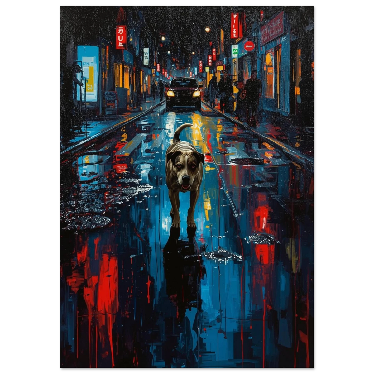 Hund på regnig stadsgata med neonreflektioner – expressionistisk djurposter i mörka toner