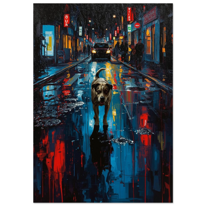 Hund på regnig stadsgata med neonreflektioner – expressionistisk djurposter i mörka toner