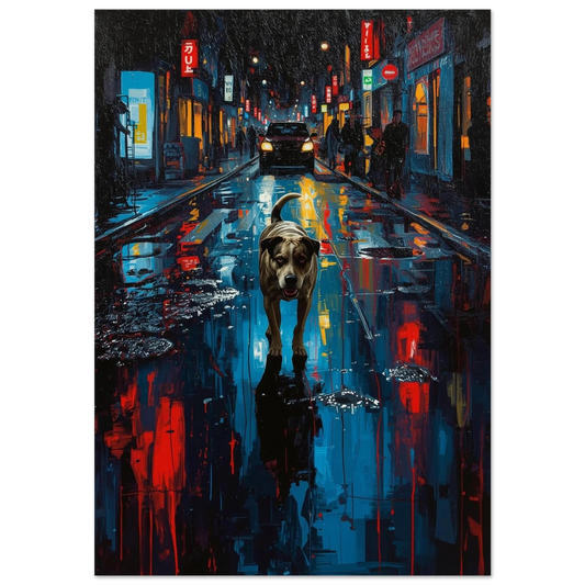 Hund på regnig stadsgata med neonreflektioner – expressionistisk djurposter i mörka toner