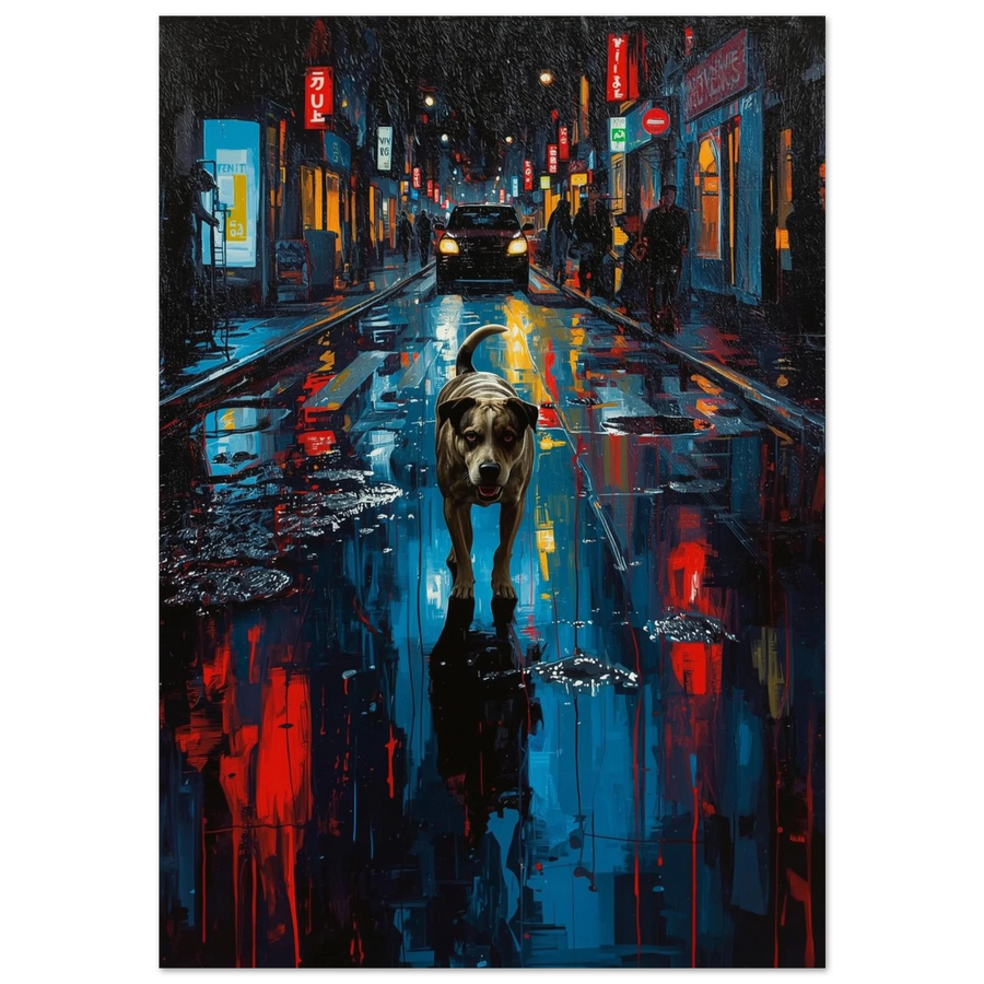 Hund på regnig stadsgata med neonreflektioner – expressionistisk djurposter i mörka toner