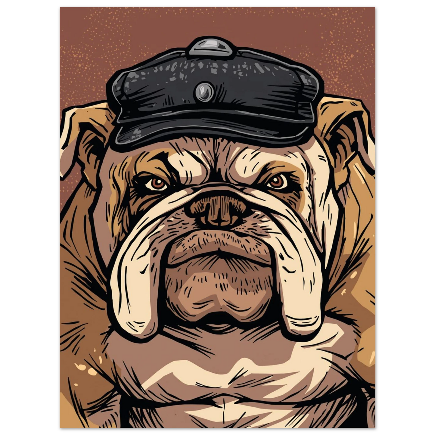 Grafisk illustration av en bulldogg i huvudbonad, jordnära färger