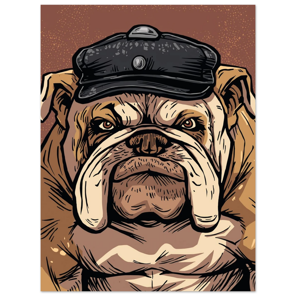 Grafisk illustration av en bulldogg i huvudbonad, jordnära färger