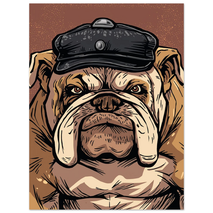 Grafisk illustration av en bulldogg i huvudbonad, jordnära färger