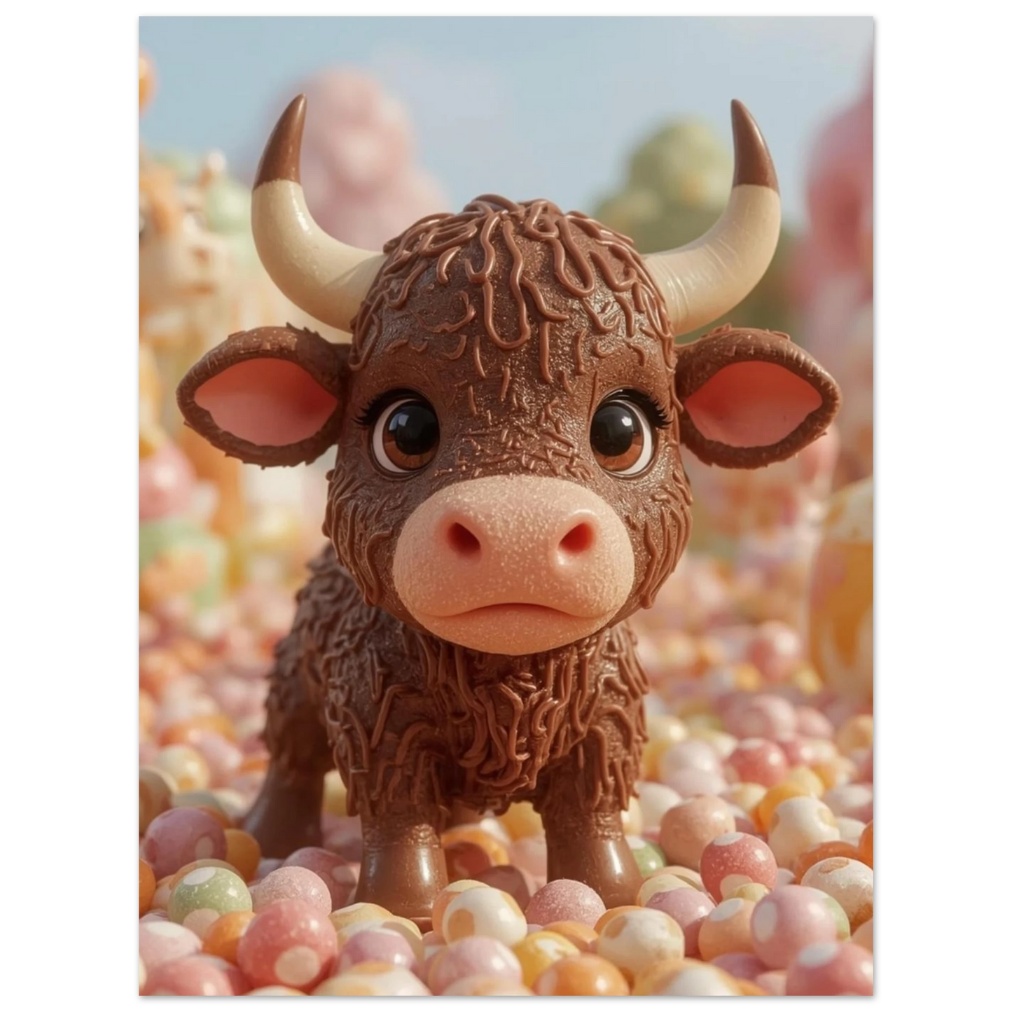 Detaljrik illustration av en chokladkalv med stora ögon omgiven av karameller