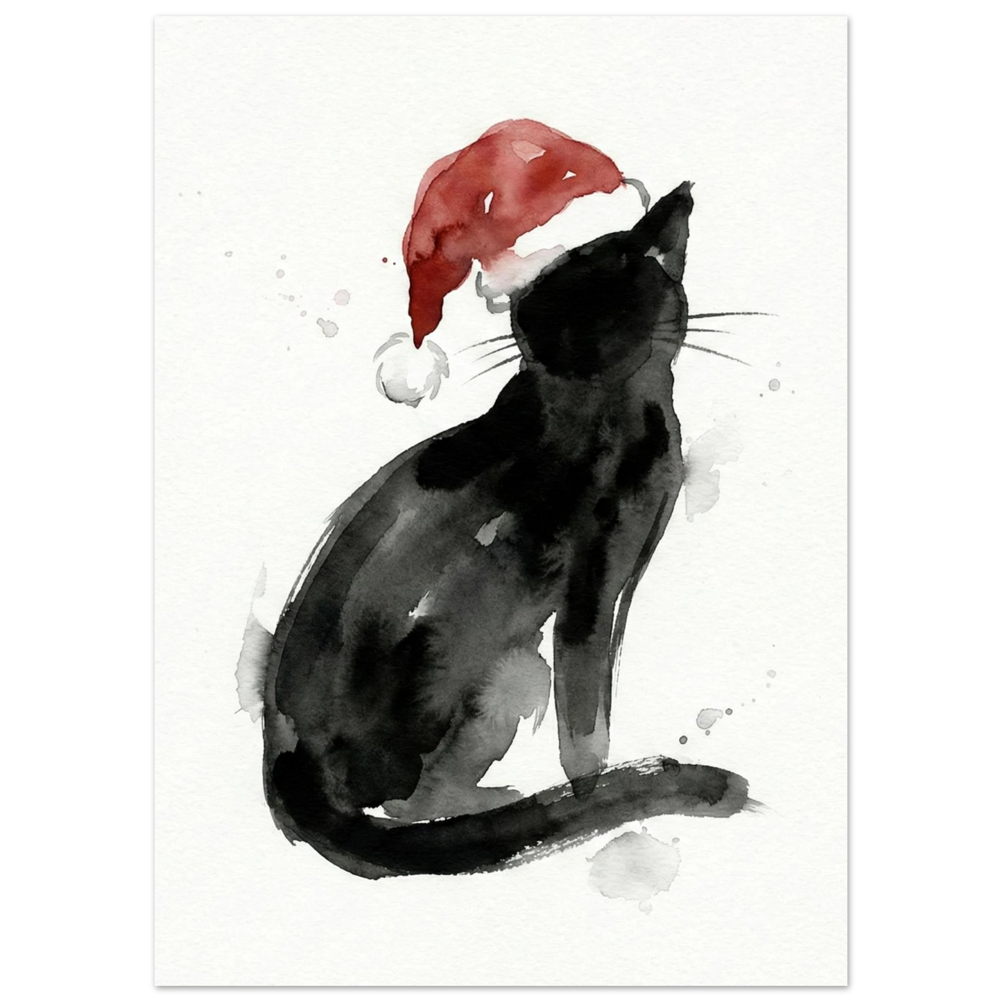 Minimalistisk julposter med svart katt-silhuett och röd luva i akvarell