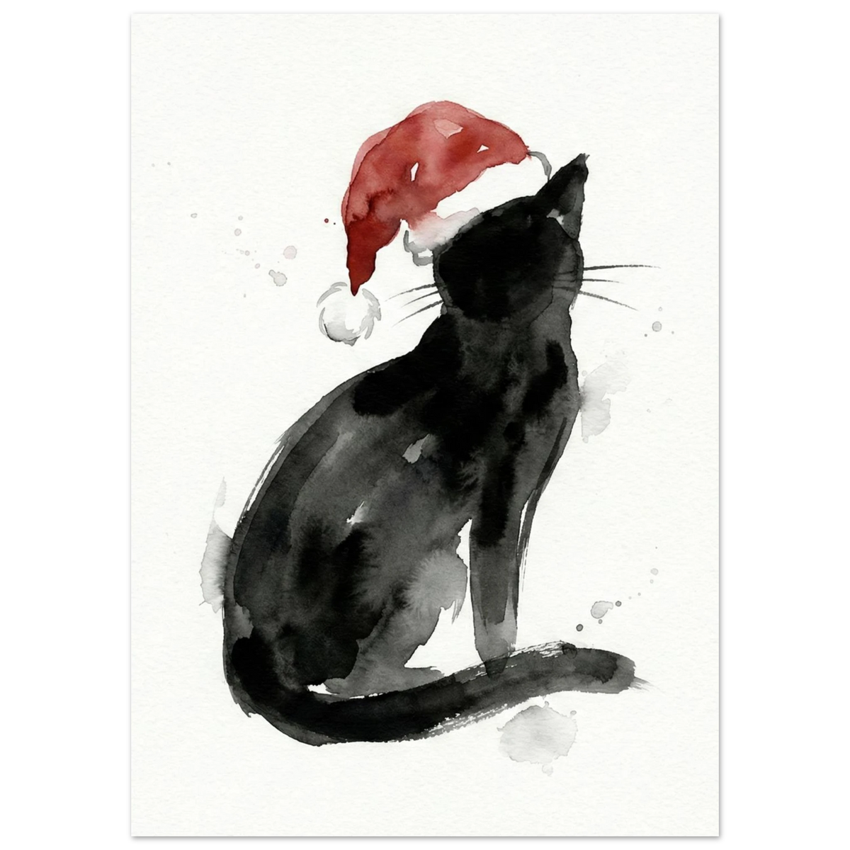 Minimalistisk julposter med svart katt-silhuett och röd luva i akvarell