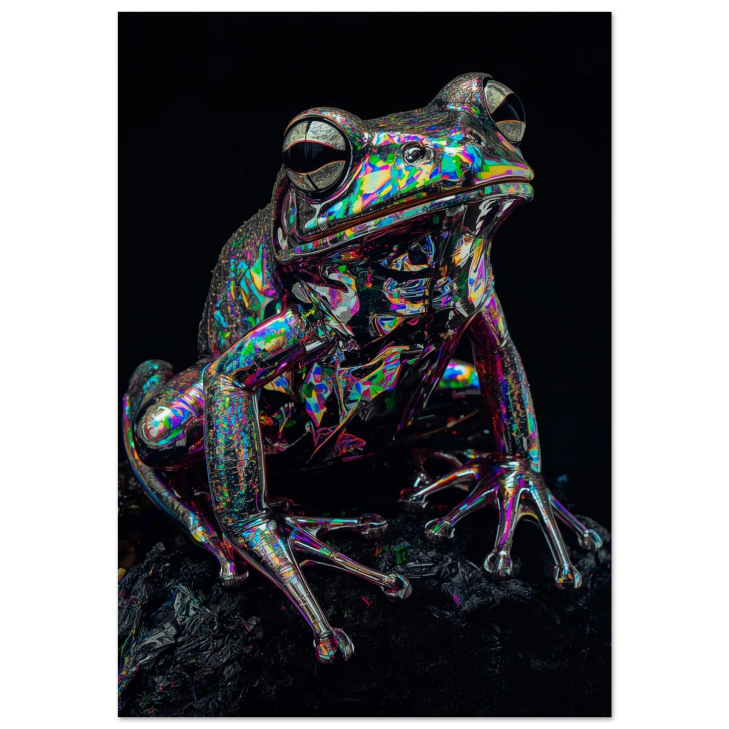 Holografisk groda med regnbågsfärgade reflektioner på svart bakgrund – modern djurposter