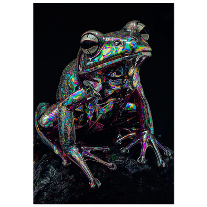 Holografisk groda med regnbågsfärgade reflektioner på svart bakgrund – modern djurposter