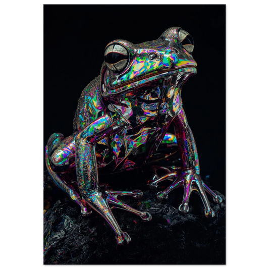 Holografisk groda med regnbågsfärgade reflektioner på svart bakgrund – modern djurposter