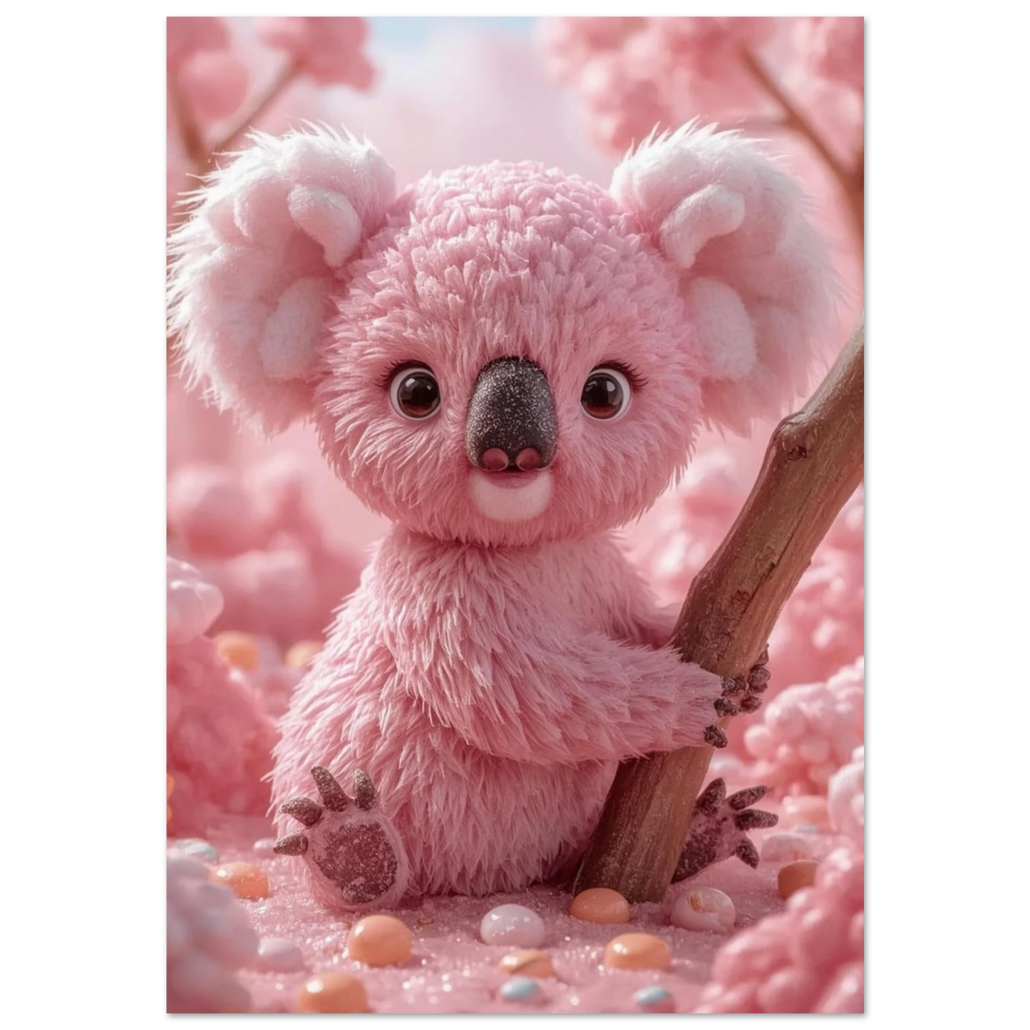 Rosa koala av fluffig sockervadd i en drömlik godisvärld