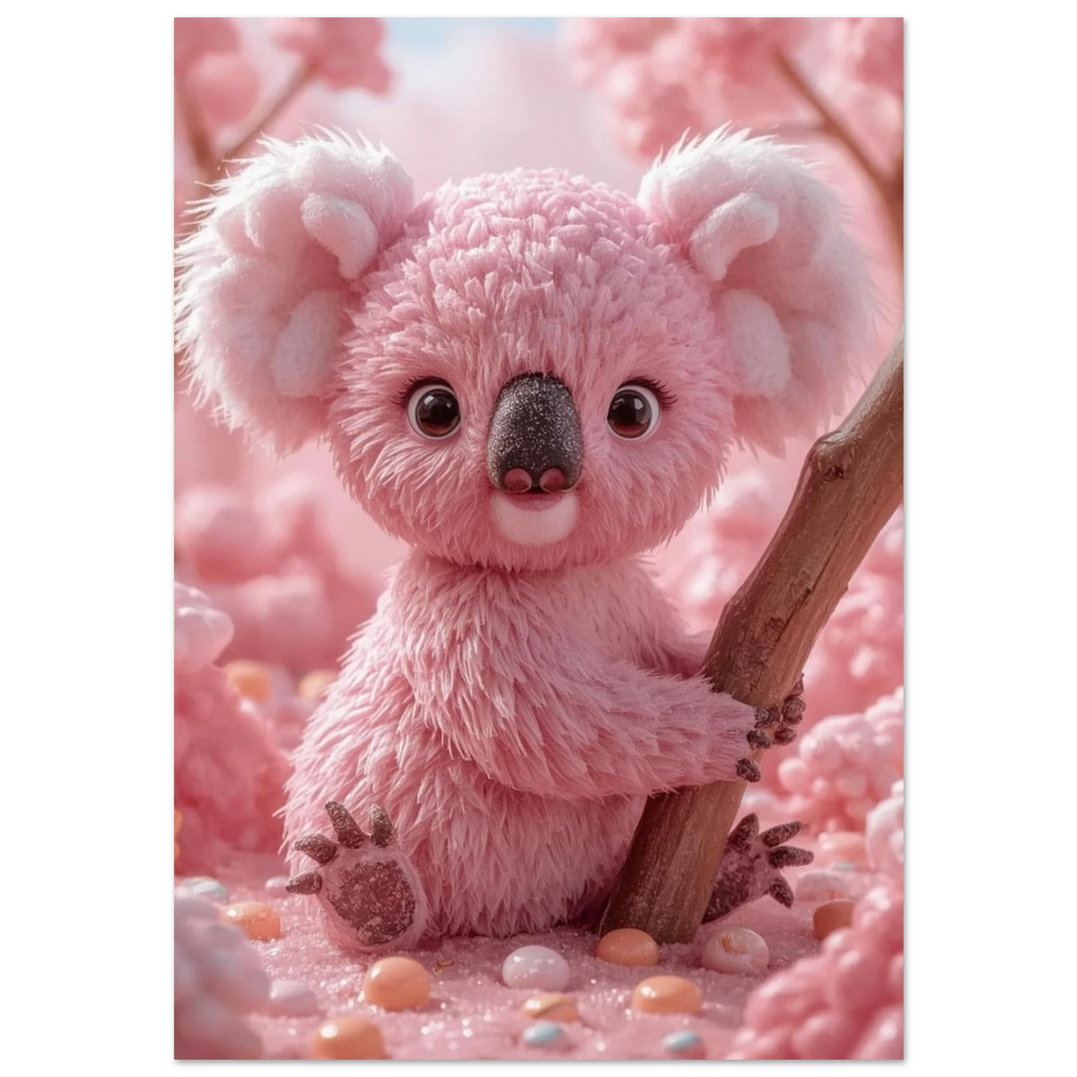 Rosa koala av fluffig sockervadd i en drömlik godisvärld