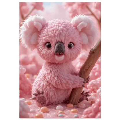 Rosa koala av fluffig sockervadd i en drömlik godisvärld