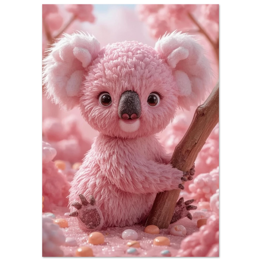 Rosa koala av fluffig sockervadd i en drömlik godisvärld
