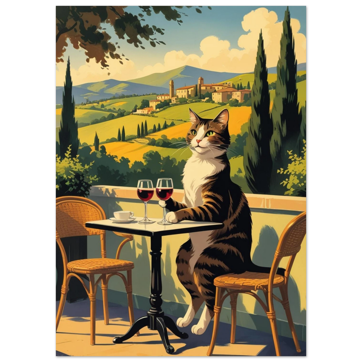 Kattmotiv med italienskt landskap, cypresser och vinglas i varm färgskala
