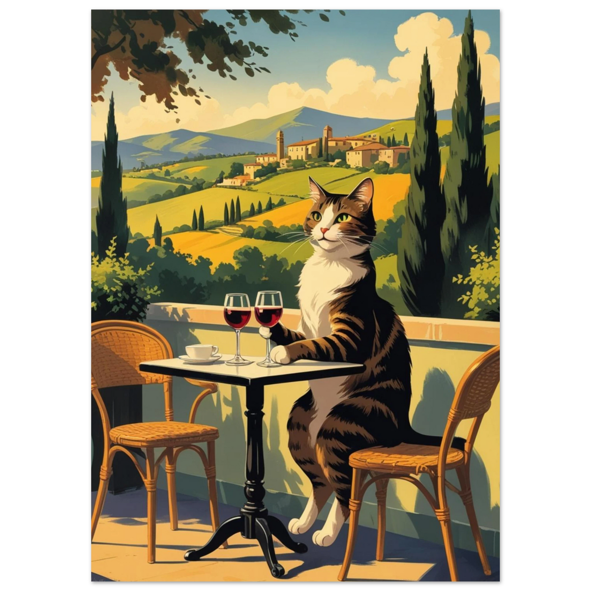Kattmotiv med italienskt landskap, cypresser och vinglas i varm färgskala