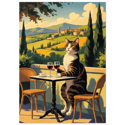 Kattmotiv med italienskt landskap, cypresser och vinglas i varm färgskala