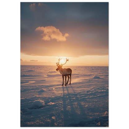 Arktiskt naturmotiv med en ensam ren i glittrande snö och solljus