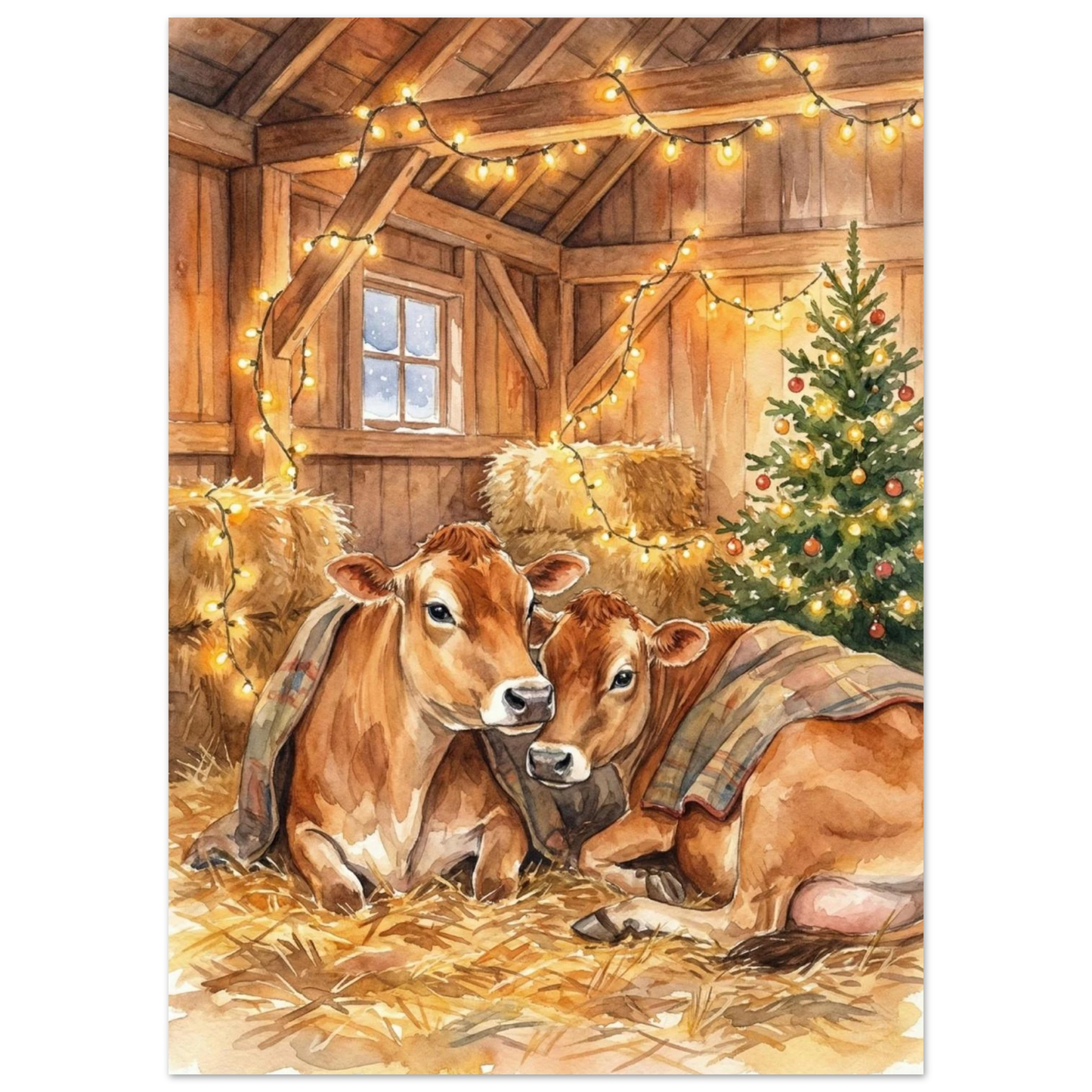 Illustration av kalvar i en lada med snöfall utanför fönstret, julmotiv