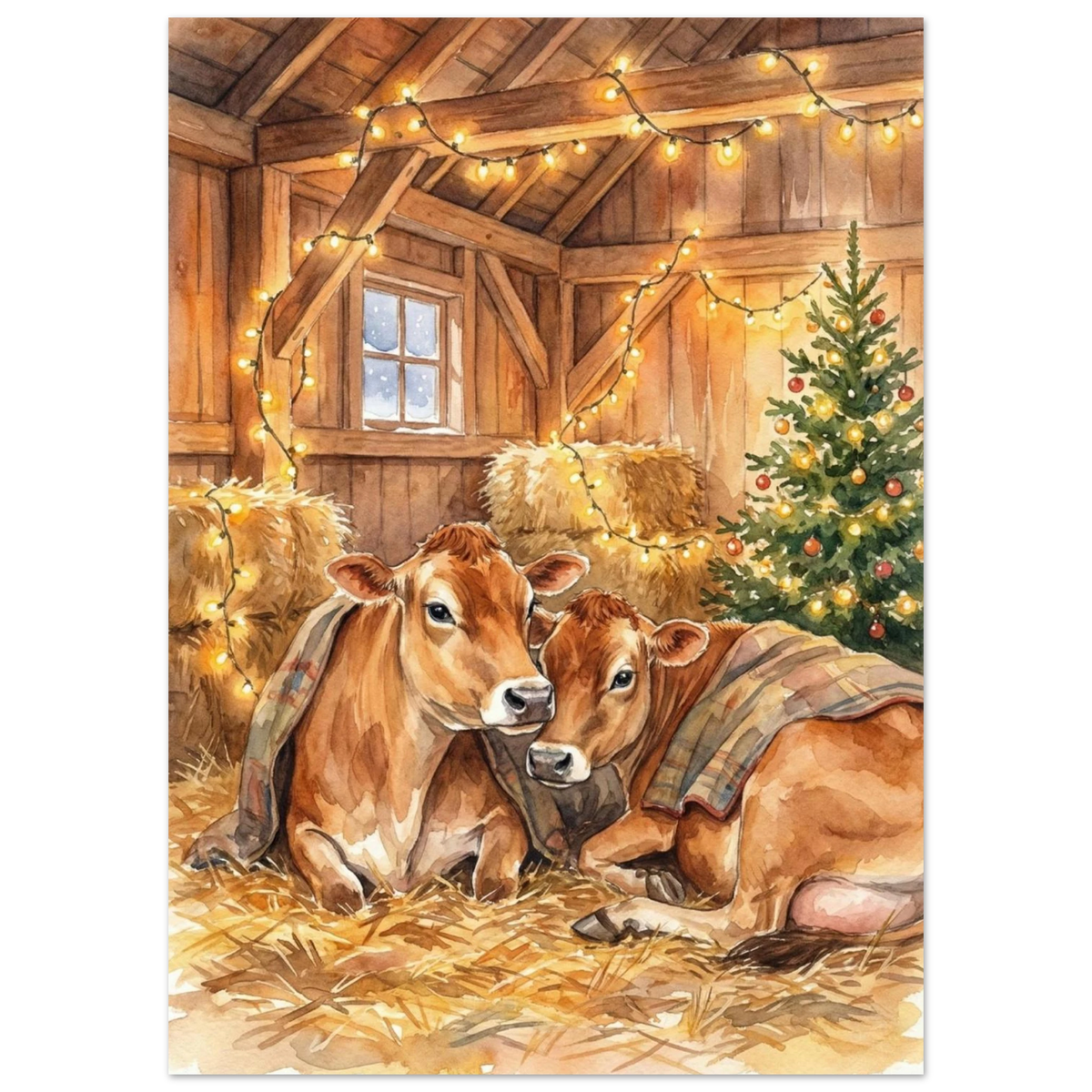Illustration av kalvar i en lada med snöfall utanför fönstret, julmotiv