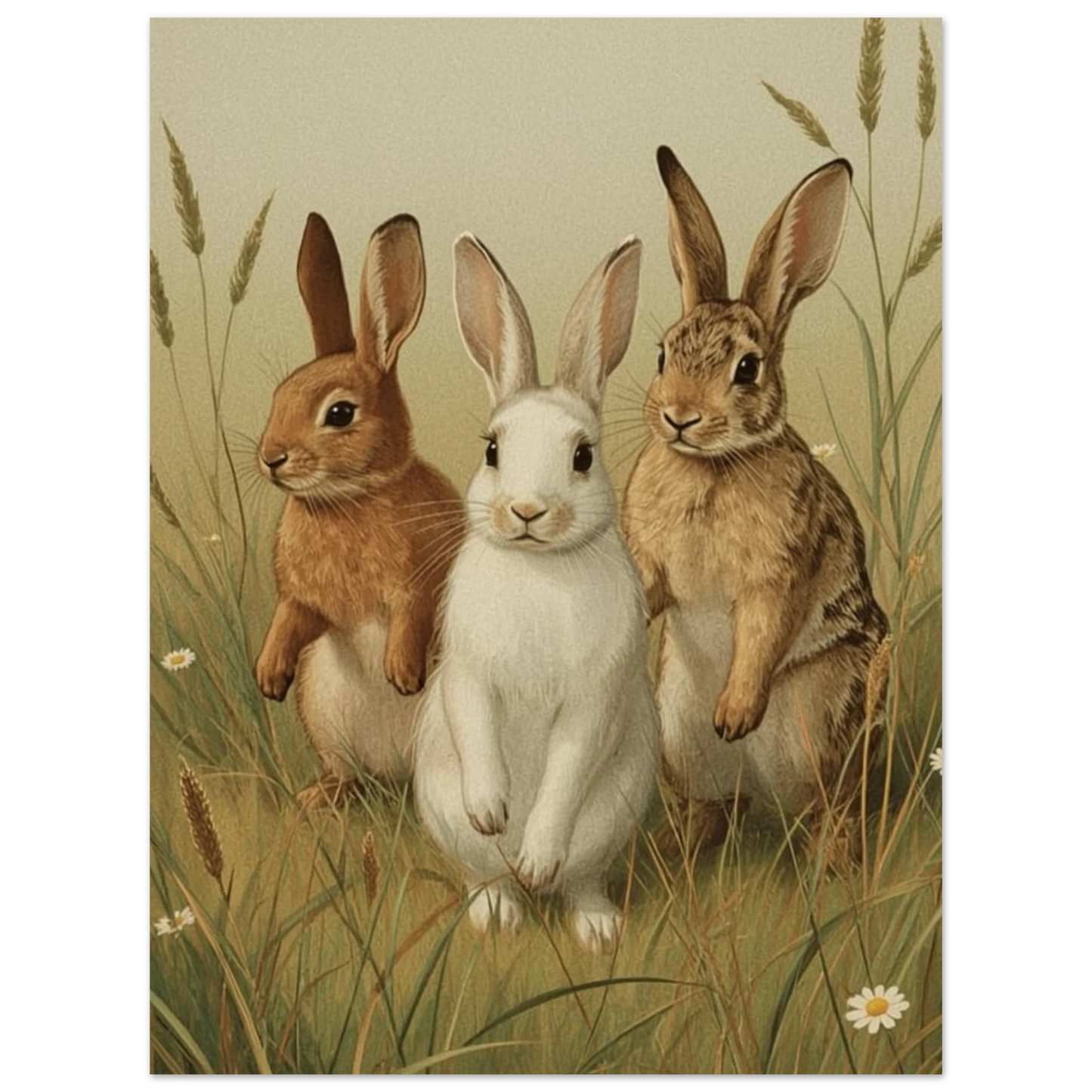 Konstnärlig målning av en vit och två bruna kaniner bland grässtrån – Målad poster