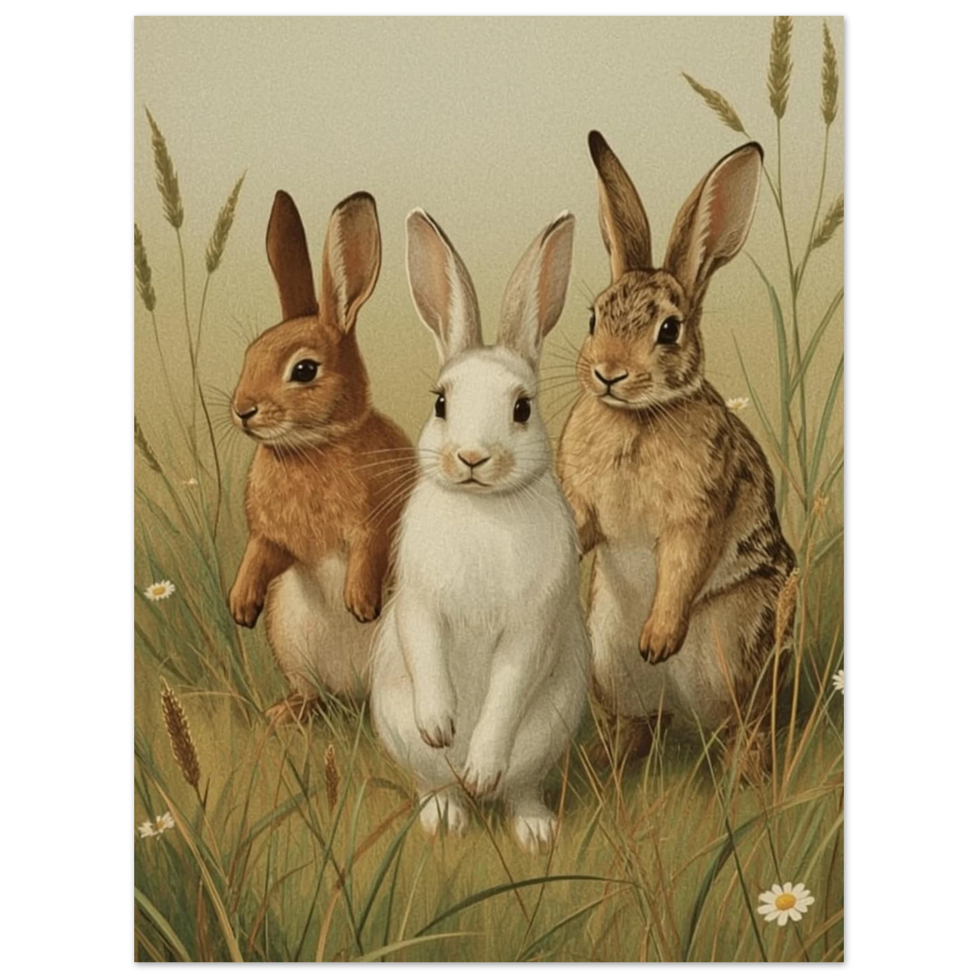 Konstnärlig målning av en vit och två bruna kaniner bland grässtrån – Målad poster