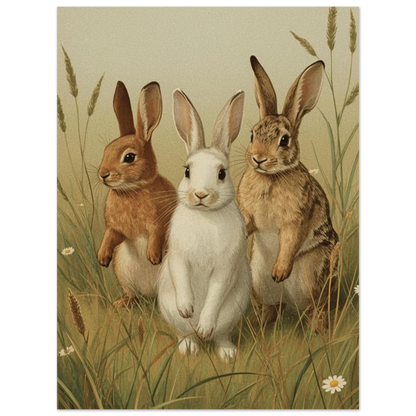 Konstnärlig målning av en vit och två bruna kaniner bland grässtrån – Målad poster