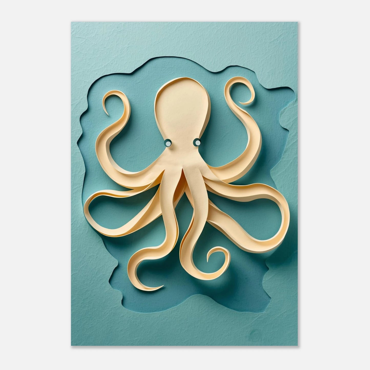 Minimalistisk marin poster med en pappersklippt bläckfisk i harmonisk komposition