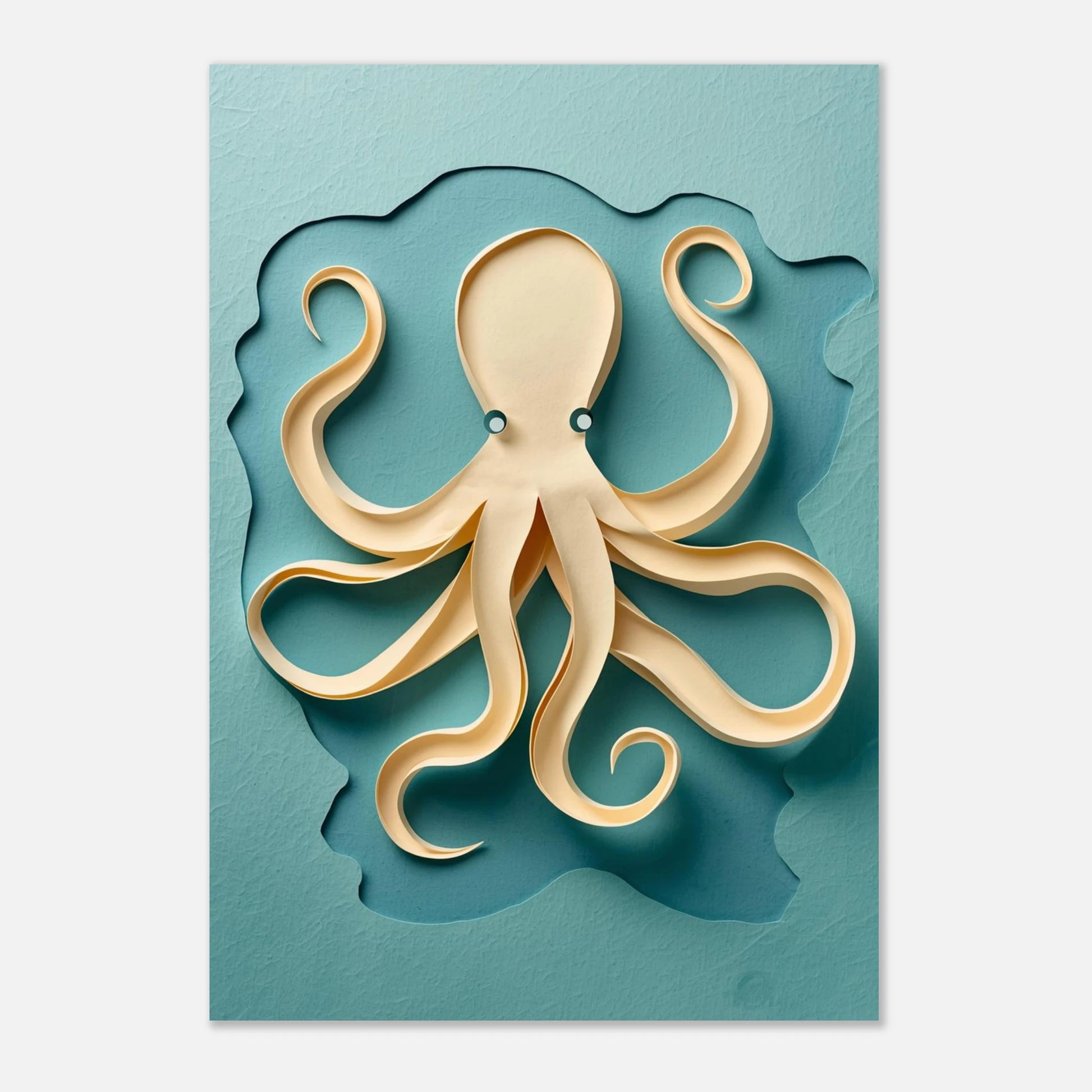 Minimalistisk marin poster med en pappersklippt bläckfisk i harmonisk komposition