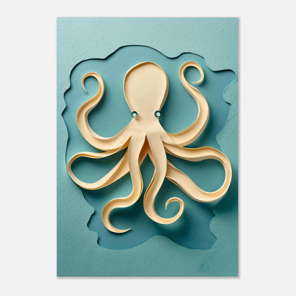 Minimalistisk marin poster med en pappersklippt bläckfisk i harmonisk komposition