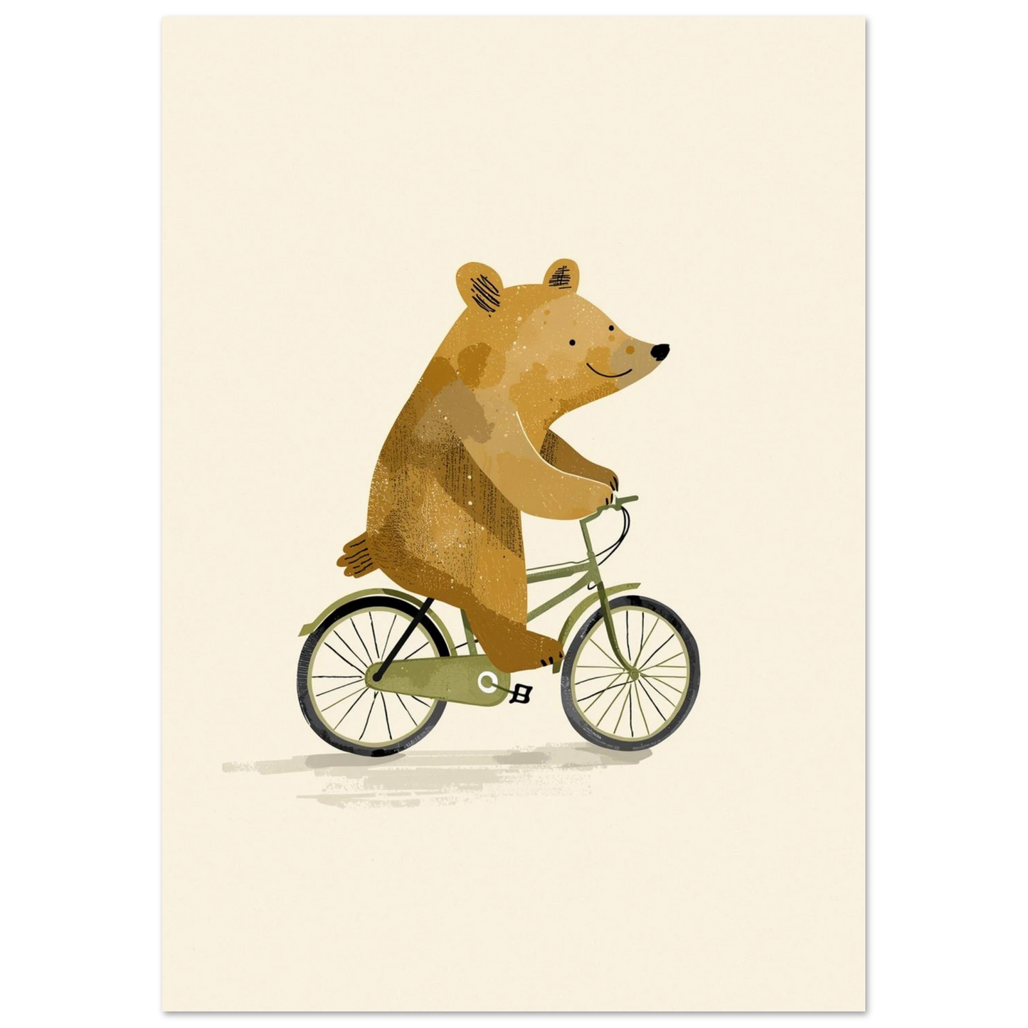 Barnrumsillustration föreställande en brunbjörn på en klassisk grön herrcykel