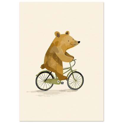 Barnrumsillustration föreställande en brunbjörn på en klassisk grön herrcykel