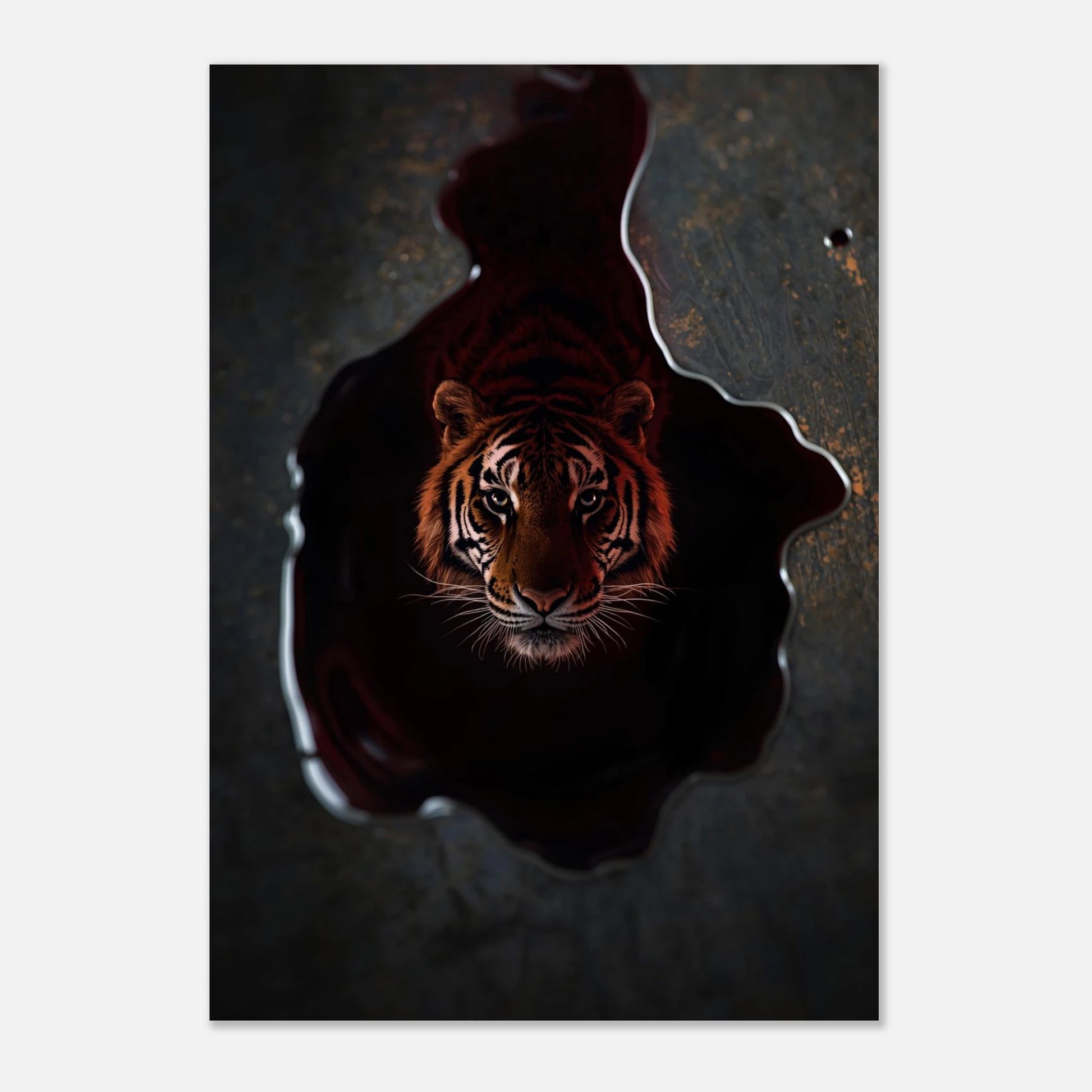 Tigerposter med djupt orangea toner mot en mörkgrå bakgrundsmiljö