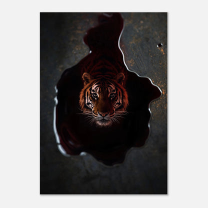 Tigerposter med djupt orangea toner mot en mörkgrå bakgrundsmiljö