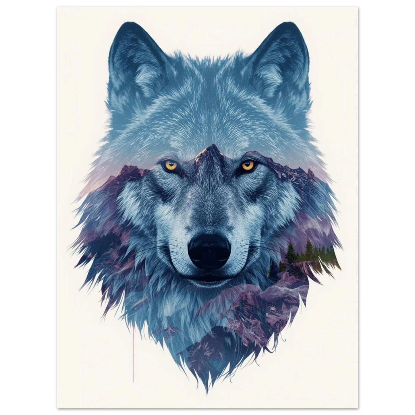 Modern illustration av en varg med integrerad natur och barrskog