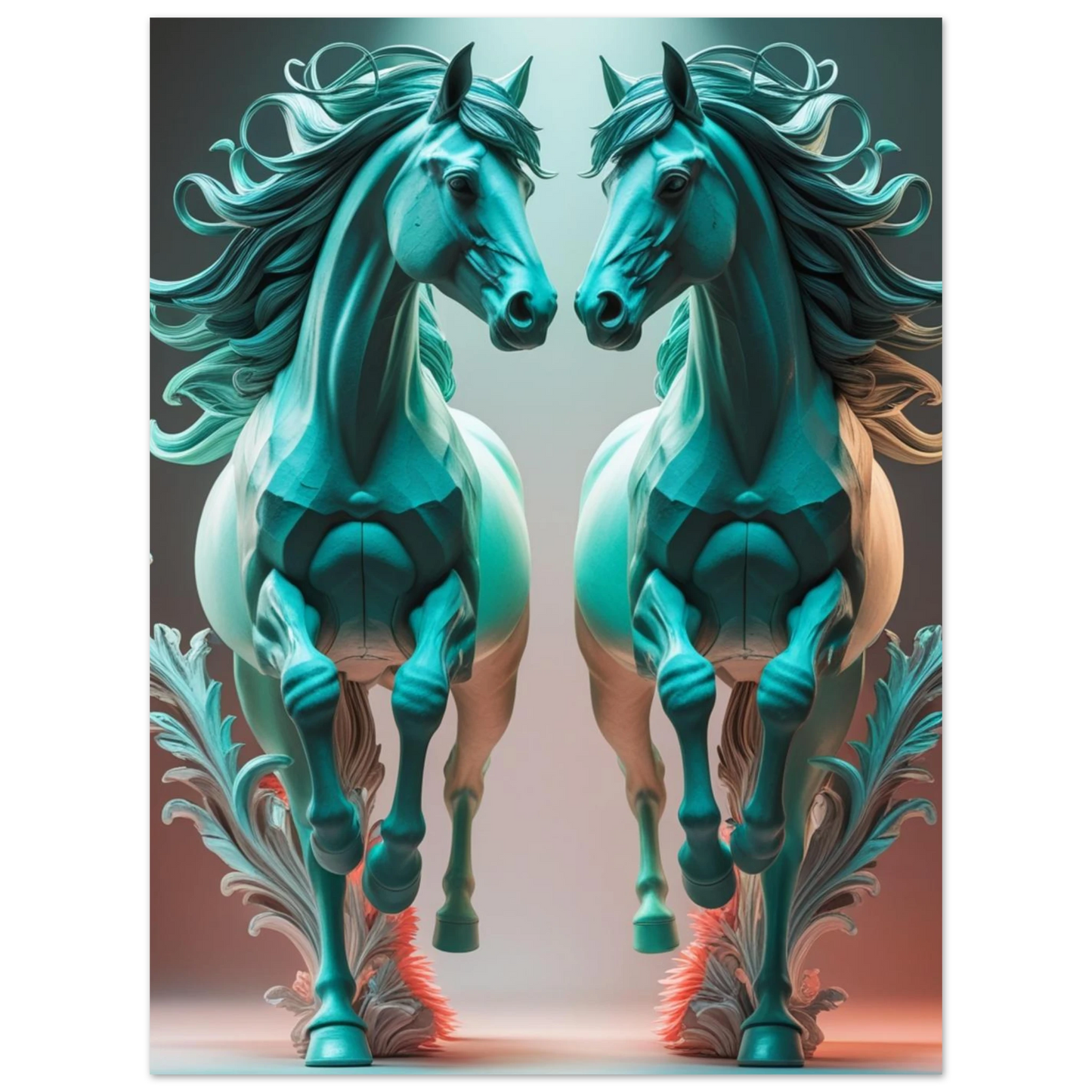Digital illustration av två majestätiska hästar i symmetrisk komposition, turkos