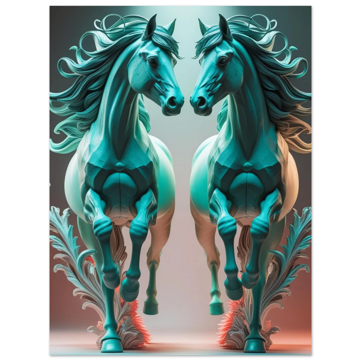 Digital illustration av två majestätiska hästar i symmetrisk komposition, turkos