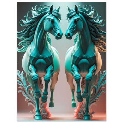 Digital illustration av två majestätiska hästar i symmetrisk komposition, turkos