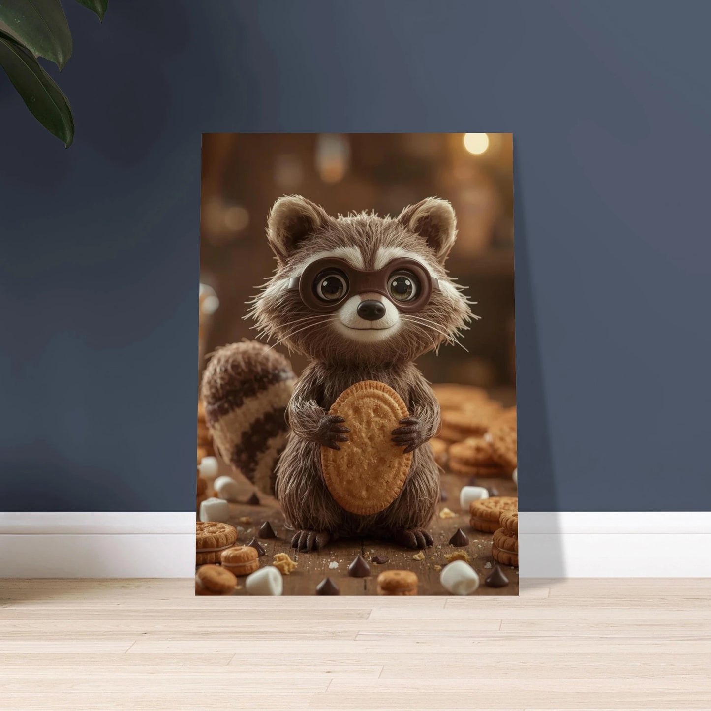 Söt tvättbjörn med kaka, omgiven av kakor och godis