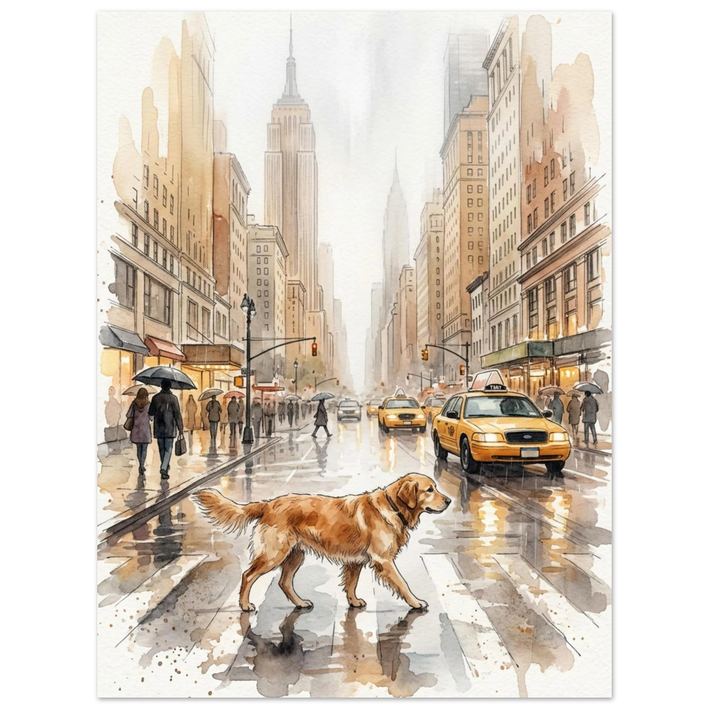 Stämningsfull stadsscen med Golden retriever och Empire State Building – djurmotiv