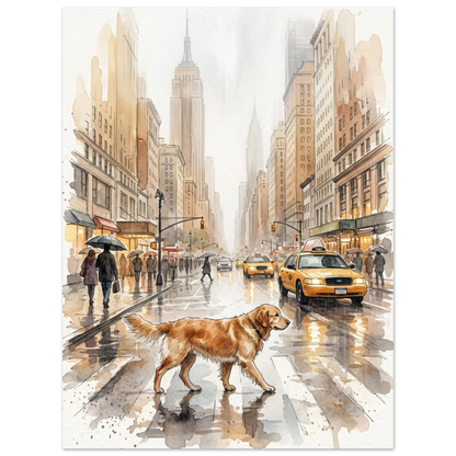 Stämningsfull stadsscen med Golden retriever och Empire State Building – djurmotiv