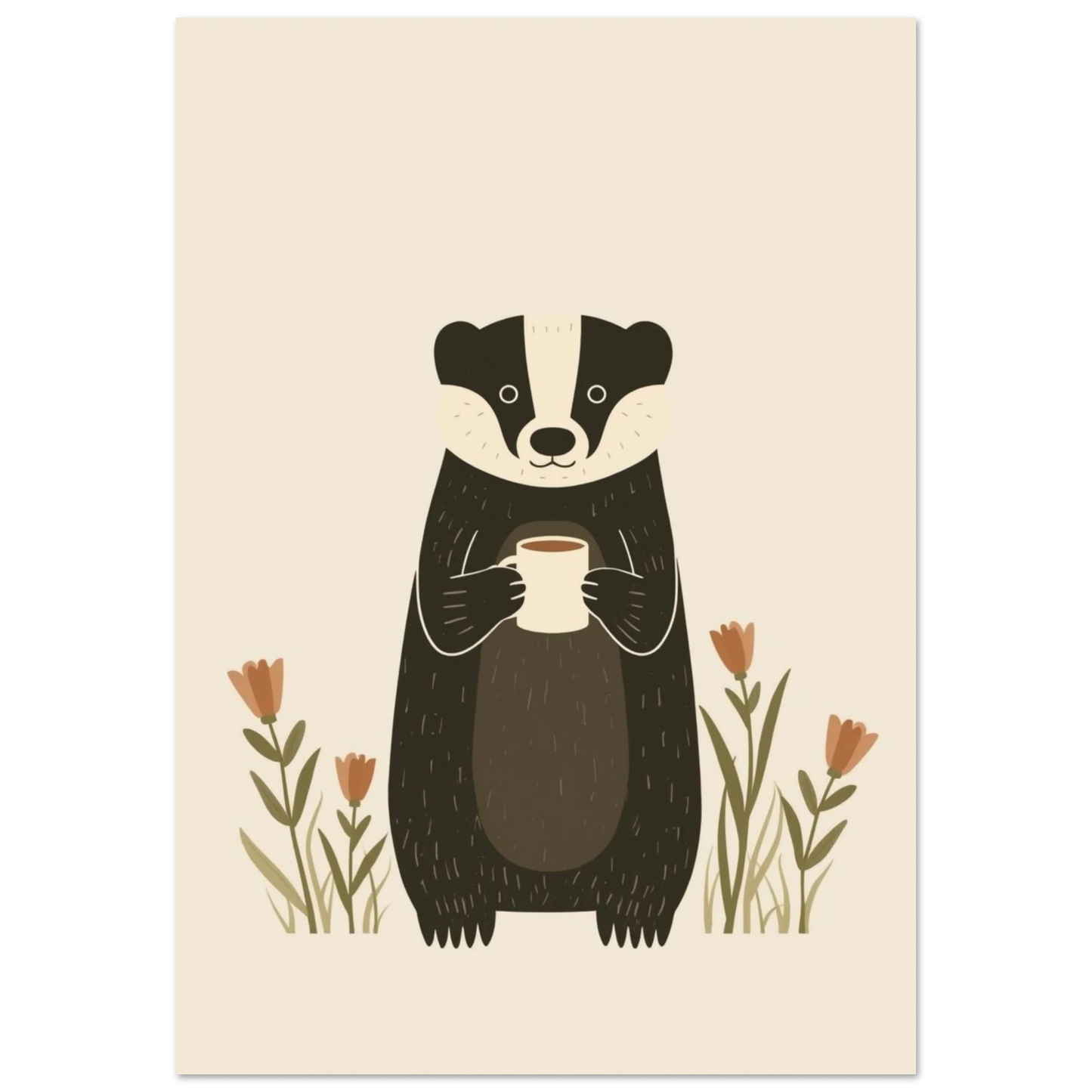 Tecknad grävling som håller en kaffekopp, omgiven av enkla blommor – Tecknad poster